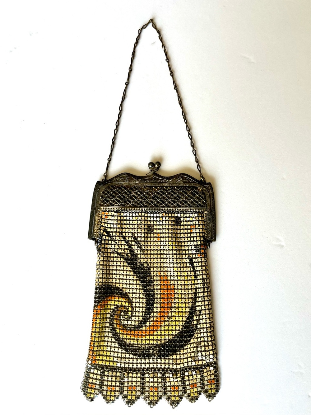Art Nouveau enamel metal mesh evening bag with swirl design. - Picture 5 of 9